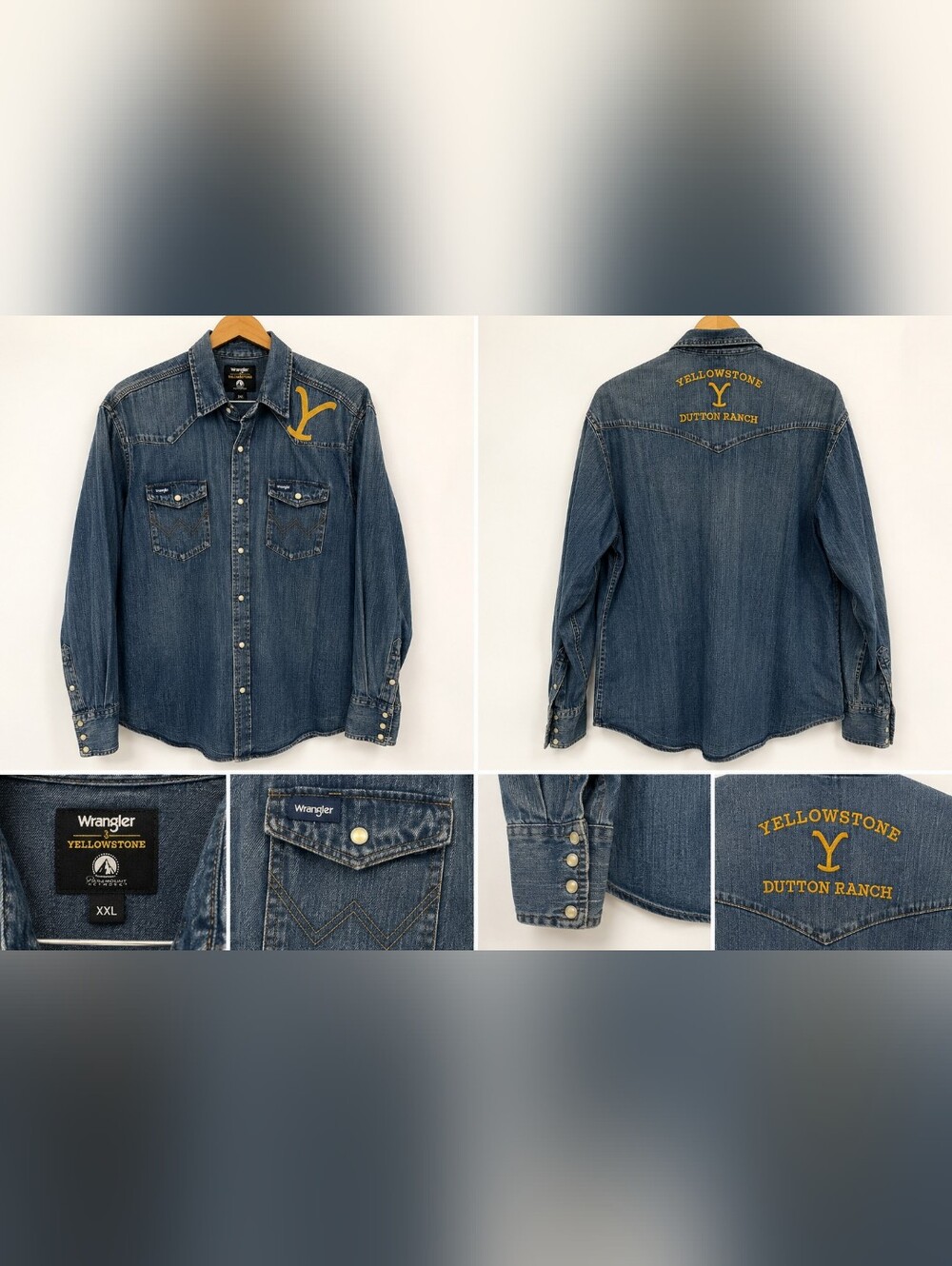 Wrangler Denim Western Shirt - Blue with Yellow Embroidery XL Yellowstone